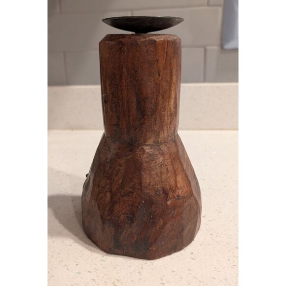 Hand-Carved Wooden Candle Holder with Metal Accent Rustic - Picture 7 of 16